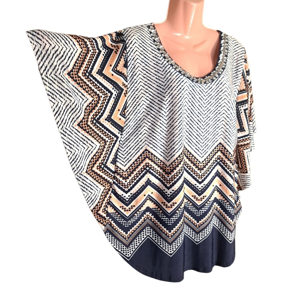 Lavish Women's Blouse/Top‎ L Multicolor Batwing Sleeve Rhinestones Neck Comfort